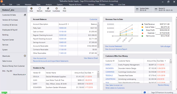 Sage 50c Business Status page